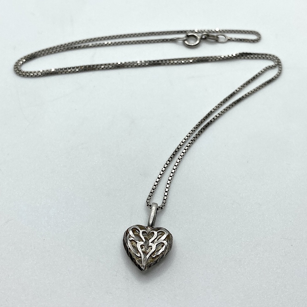 VTG Sterling Silver Filigree Heart Pendant & 925 Italy Box Link Chain 19” x .8”